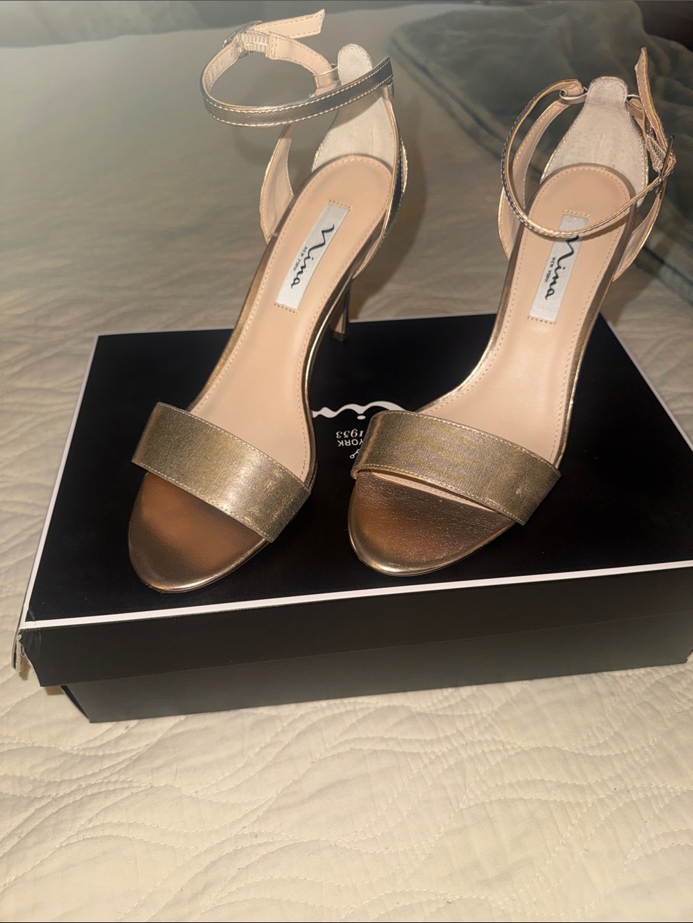Nina Gold Open-Toe Ankle-Strap Heels